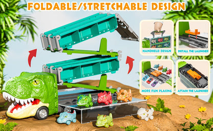 Dinosaur Truck Toys 13-in-1 Transport Carrier with 63-Inch Foldable Race Track, 6 Dino Cars + 6 Die-Cast Cars