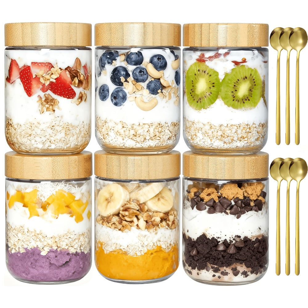Glass Jar Food Storage Organizer with Bamboo Lids, Wide Mouths, Four-Pack 16oz or Six-Pack Spoon Sets