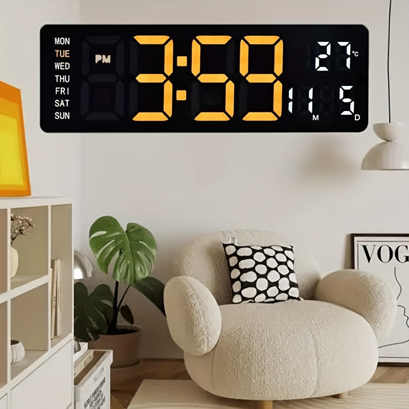 Large Digital Wall Clock 16 Inch LED Color Display, Smart Auto-Dimming 10-Level Brightness, Time Temperature Humidity Monitor