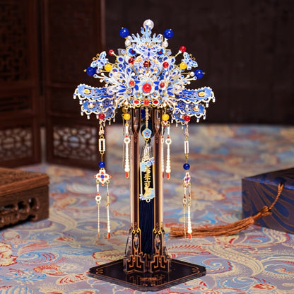 3D Metal Puzzle Phoenix Crown Qingluan – Blue & Gold DIY Assembly with Beads & Tassels, Chinese Mythology Art Collectible