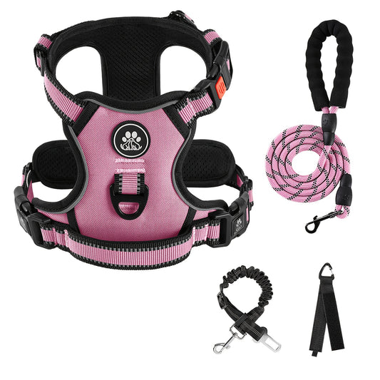 No Pull Dog Harness Set with Collar, Leash & Retractable Seatbelt – Reflective Adjustable Breathable Vest for Small to Large Dogs
