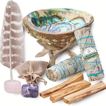 White Sage Cleansing Kit Smudge Set with Abalone Shell Holy Wood Incense Feathers Crystal for Entryways, Bedrooms and Living Spaces