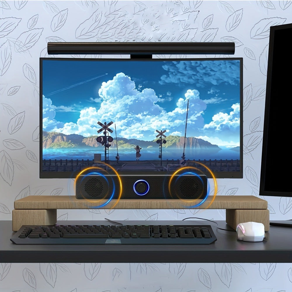 USB Wired Desktop Speaker Bar with 4D Audio Effect & Blue LED - Stereo Sound, 3.5mm AUX Input, Independent Volume Control