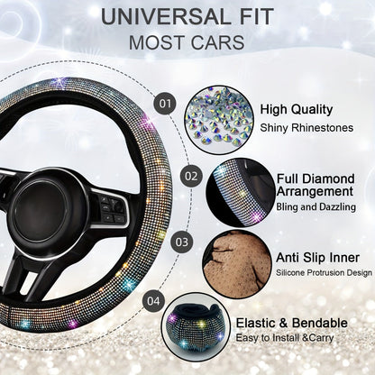 8-Piece Rhinestone Car Interior Accessories Set with Steering Wheel Cover, Coasters and Seat Belt Pads