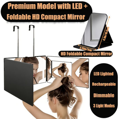 Barber Mirror, 3 Way Mirror for Self Hair Cutting with LED Lights, 360° View Anti-Fog HD Glass USB Rechargeable Folding Barber Mirror