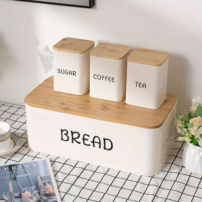 Bread Box with 3 Jars Set for Kitchen Countertop, Metal Bread Box with Bamboo Board Cover, Coffee Sugar Tea Canisters