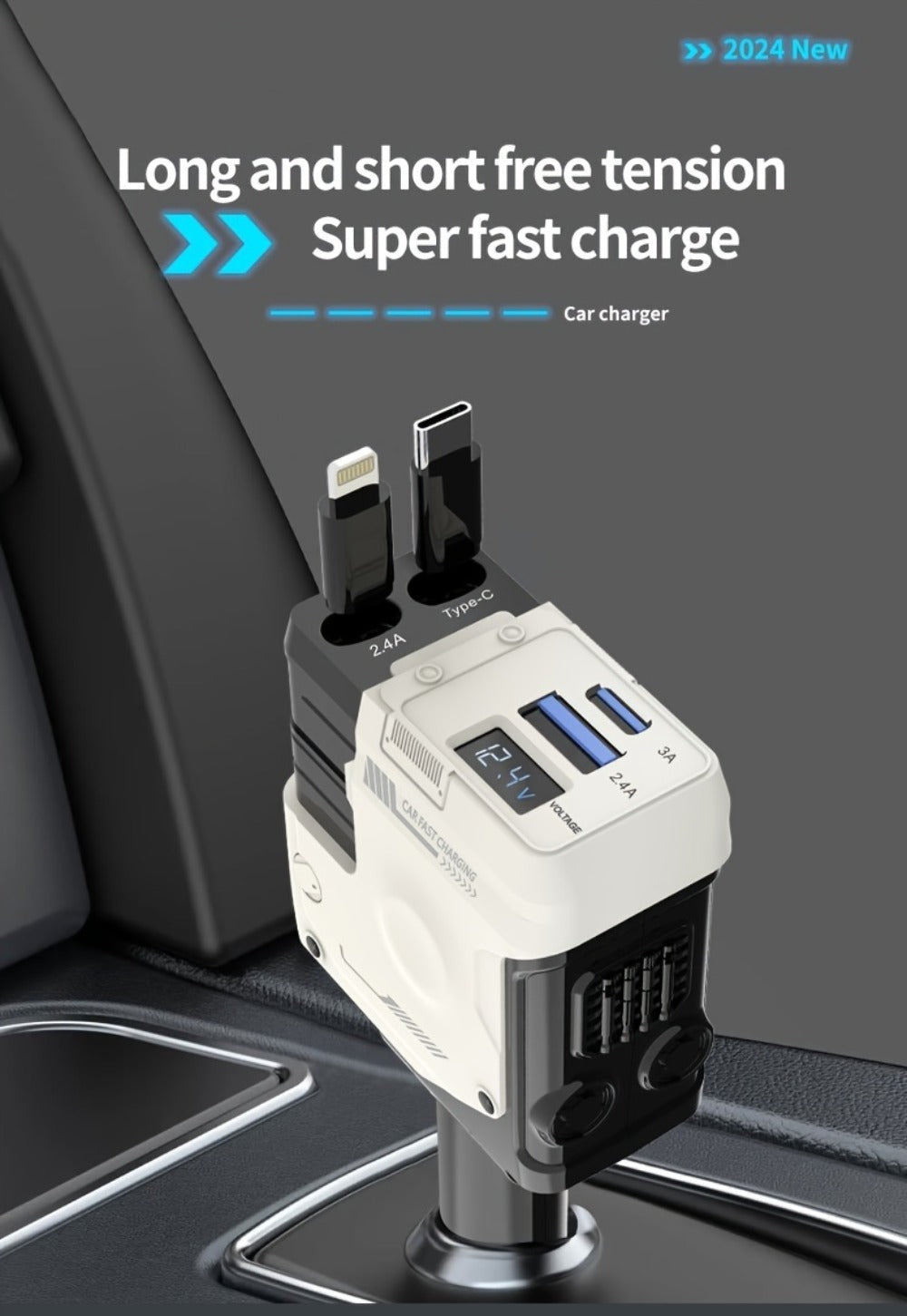 120W Fast Car Charger 4-in-1 with Retractable PD 3.0 Type-C Cable & Multi-Port USB Adapter
