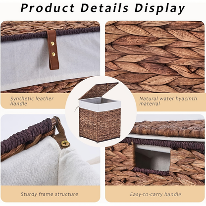 Laundry Basket with Lid & Handles – Handwoven Water Hyacinth Wicker Hamper, Removable Cotton Liner