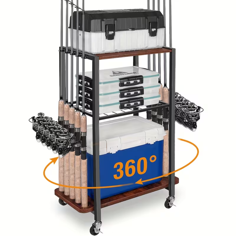 Fishing Rod Holder Rack Rotating Tackle Storage Cart Iron Wood Holds 10 to 12 Rods Garage Fishing Pole Organizer with Wheels Fishing Gear