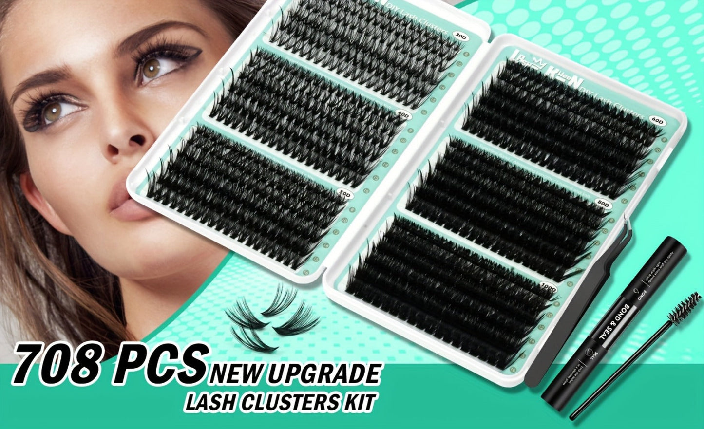 Lash Clusters Kit 708Pcs with Tweezers, Glue & Brush – Soft Silky Fiber False Eyelashes Full Voluminous DIY Lash Extension Set for Party