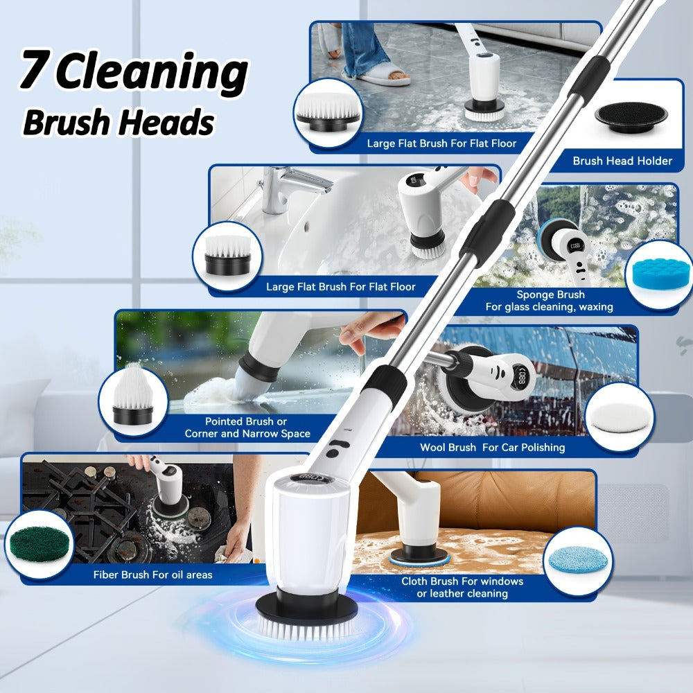 Electric Spin Scrubber 7-in-1 Cordless Rotary Cleaning Brush 7 Interchangeable Heads 3 Speed for Home Cooking, Dining and Outdoor Meals
