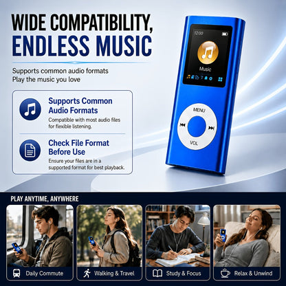 Aluminum-Alloy MP3 Player with 64GB Card Support, 1.8-Inch LCD, Earphones and Charging Cable in Red or Black