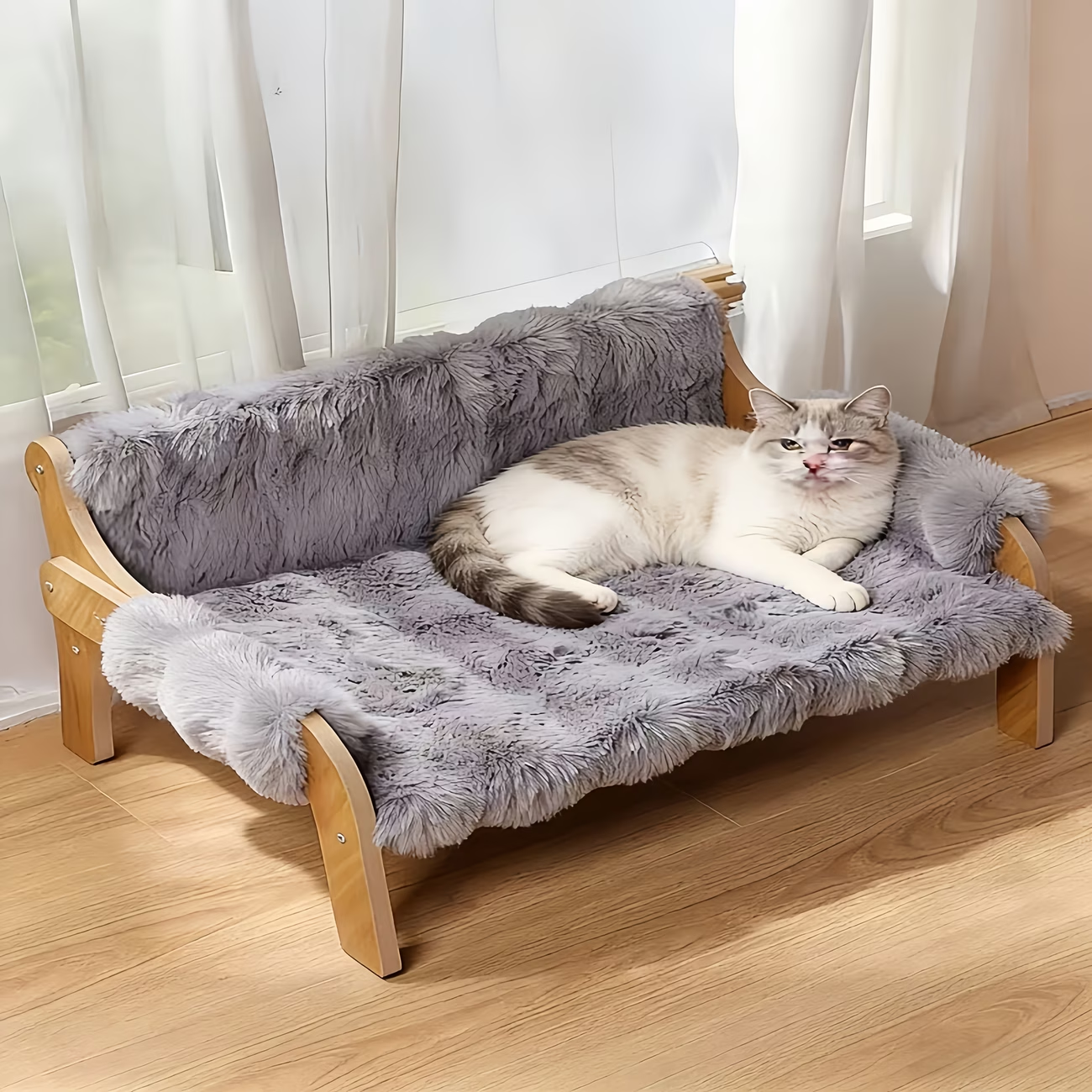 Raised Solid Wood Pet Couch Bed Elevated Modern Cat & Dog Sofa Chair 27x18x12 Inch – Thick Wide Wood Frame Space-Saving Cozy Pet Furniture