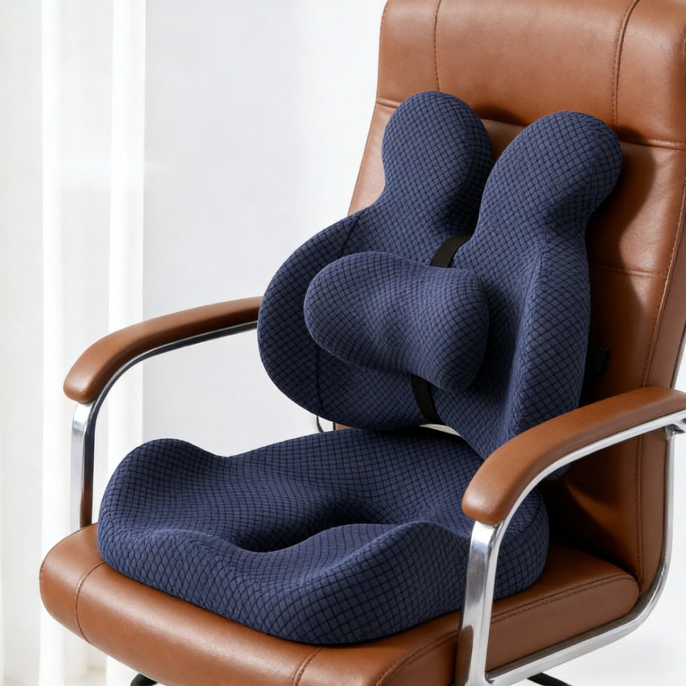 Two-Piece Contoured Seat and Lumbar Cushion Set with Adjustable Chair Straps and Three Colors