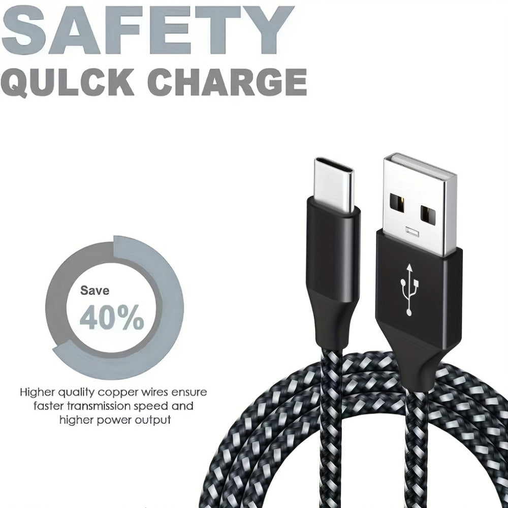Five-Pack Braided USB-A to USB-C Charging Cables in 3.3, 6.6 and 10 ft Lengths, Black and White