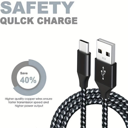 Five-Pack Braided USB-A to USB-C Charging Cables in 3.3, 6.6 and 10 ft Lengths, Black and White