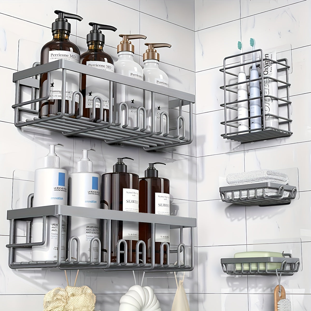 Shower Caddy Organizer 5 Pack Adhesive Rustproof Stainless Steel Shower Shelves with Soap Holder No Drilling Bathroom Storage Rack