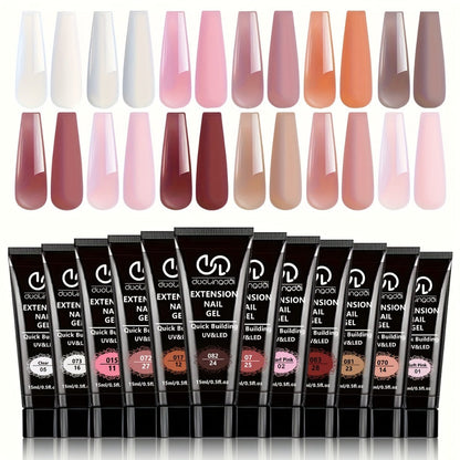 Twelve-Color Poly Extension Gel Tube Set with Nude, Pink, White and Clear Shades for UV or LED Nail Art and Extensions