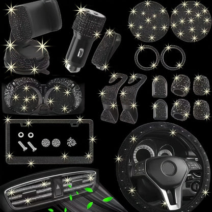 27pcs Bling Car Accessories Set for Women – Steering Wheel Cover 15", Car Coasters, License Plate Frame & Phone Holder