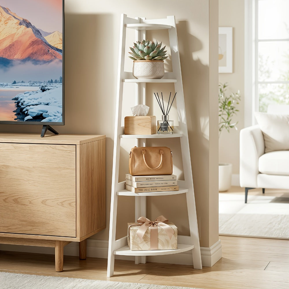 White Five-Tier Ladder-Style Freestanding Corner Shelf, Approximately 110 cm High and 34 cm Wide
