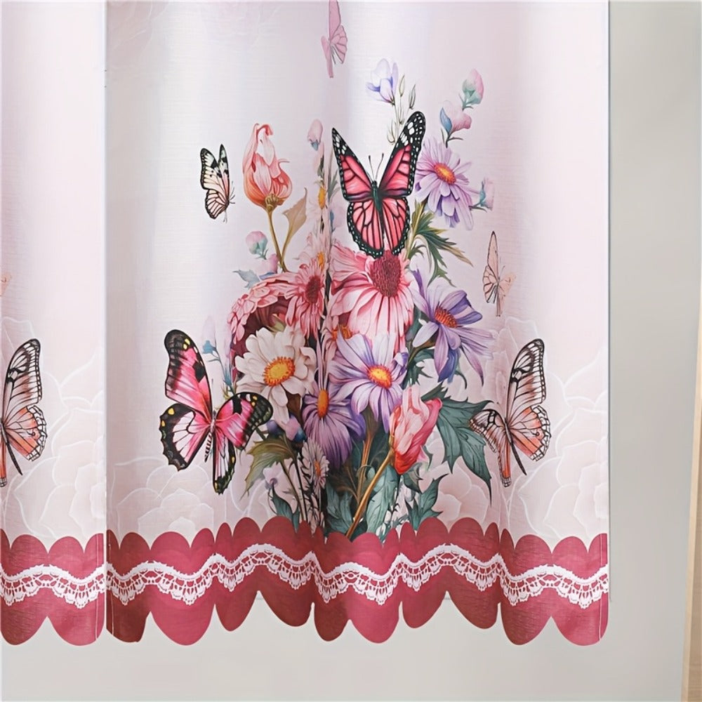 Three-Piece Butterfly Floral Window Curtain Set with Rod-Pocket Valance, Two Tiers and Four Colors