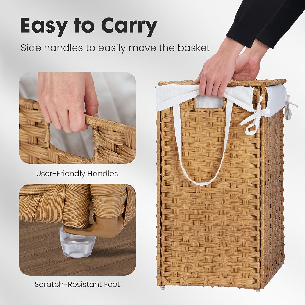 Lidded Woven Laundry Hamper with Removable Liner in Goose Yellow or Dove Gray and Two Capacity Labels