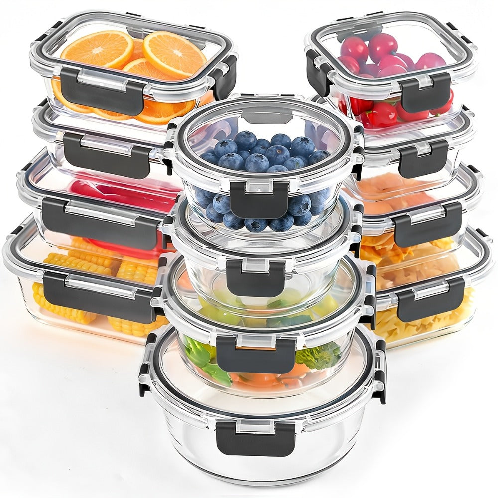 Food Storage Containers 12-Piece Glass Set with Clip-On Lids for Meal Prep and Pantry Organization