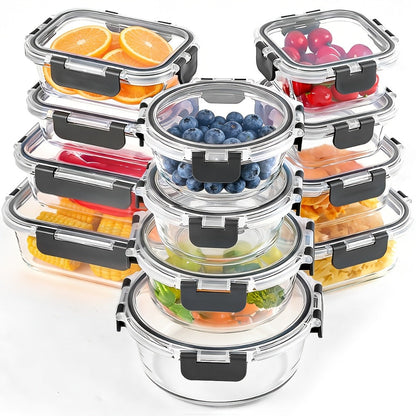 Food Storage Containers 12-Piece Glass Set with Clip-On Lids for Meal Prep and Pantry Organization