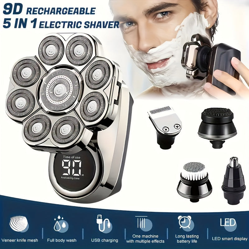 Nine-Head Rotary Electric Shaver Kit with Four Grooming Attachments, LED Display and Silver Finish