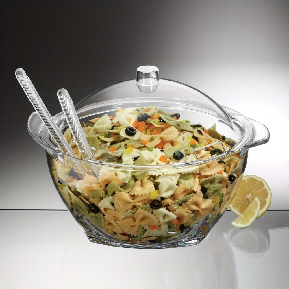 Stainless Steel Ice Chiller Salad Bowl with Lid and Serving Spoons – Large Refrigerated Veggie Fruit Tray with Ice Chiller Base for Party