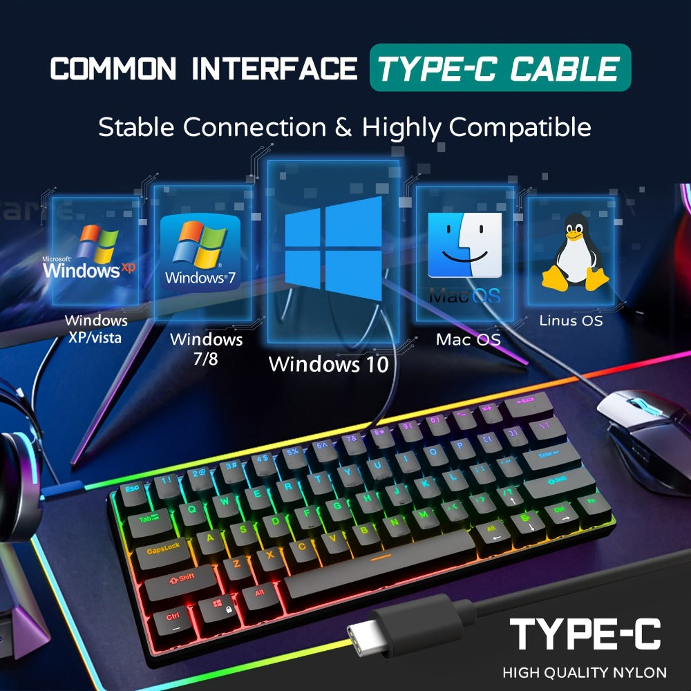 Mechanical Keyboard 61-Key Compact Wired Layout with Blue Switches, RGB Backlighting and Four Color Options