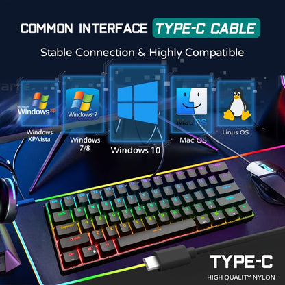 Mechanical Keyboard 61-Key Compact Wired Layout with Blue Switches, RGB Backlighting and Four Color Options