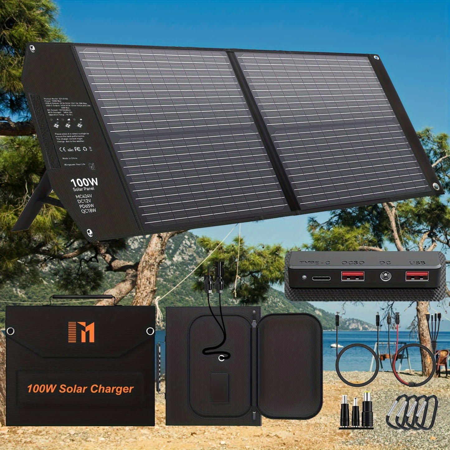 Portable Solar Panel Charger 30W 60W, Foldable Monocrystalline with 18V MC4, DC 12V, USB-A QC3.0 & USB-C PD 18W for Camping