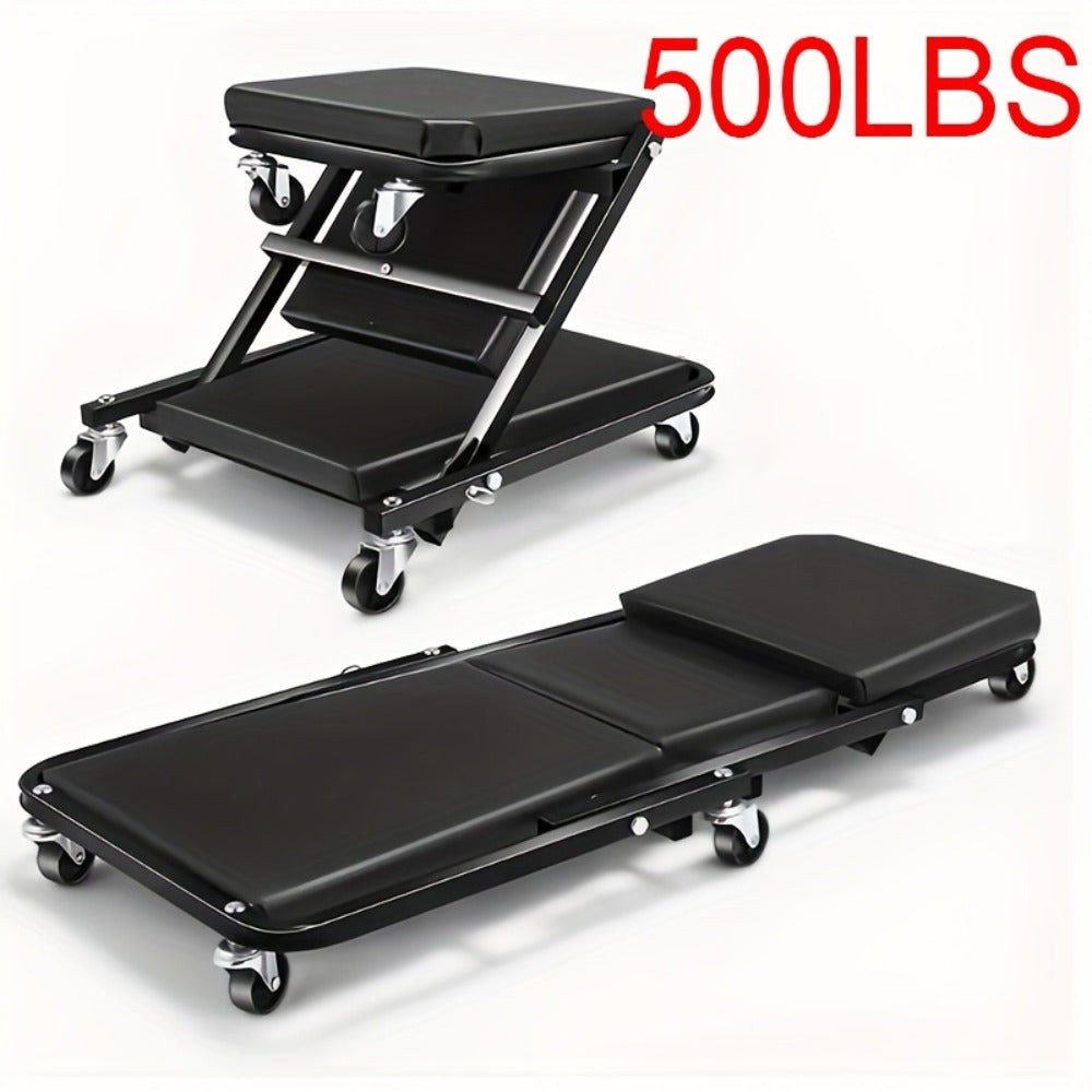Mechanic Creeper Seat & Rolling Work Stool – Foldable 2-in-1 Auto Repair Crawler, 300 lb Capacity, Adjustable Height, 6 Swivel Wheels