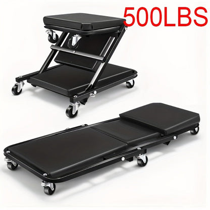 Mechanic Creeper Seat & Rolling Work Stool – Foldable 2-in-1 Auto Repair Crawler, 300 lb Capacity, Adjustable Height, 6 Swivel Wheels