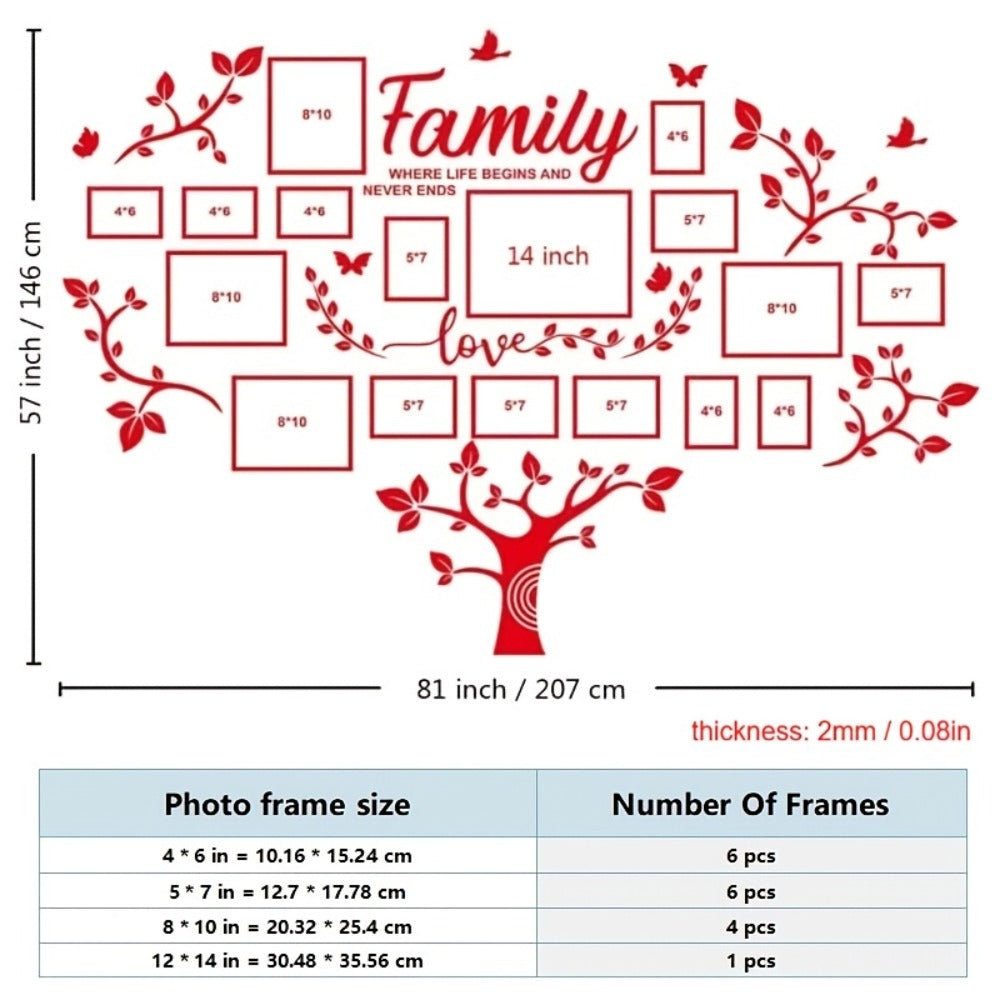 Family Tree Wall Sticker 3D Acrylic Photo Frame Collage – Removable Leaf-Shaped Picture Display with "Family" & "Love" Text