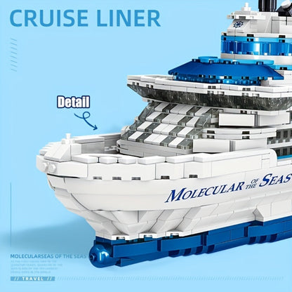 2428-Piece Cruise Ship Building Block Model with Black Display Stand, Lifeboats, Chimneys and Ocean-Liner Deck