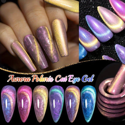 Gel Nail Polish 6-Piece 9D Aurora Magnetic Cat-Eye Set with Pearl-Shell Glitter Effect and UV/LED Soak-Off Cure