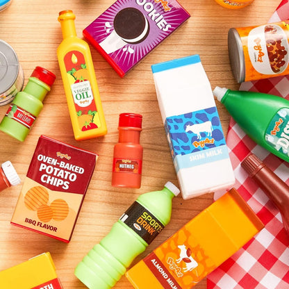 30 Pcs Play Food Grocery Cans Set - Pretend Kitchen Toy with Drinks, Juice, Snacks & Yogurt, Safe