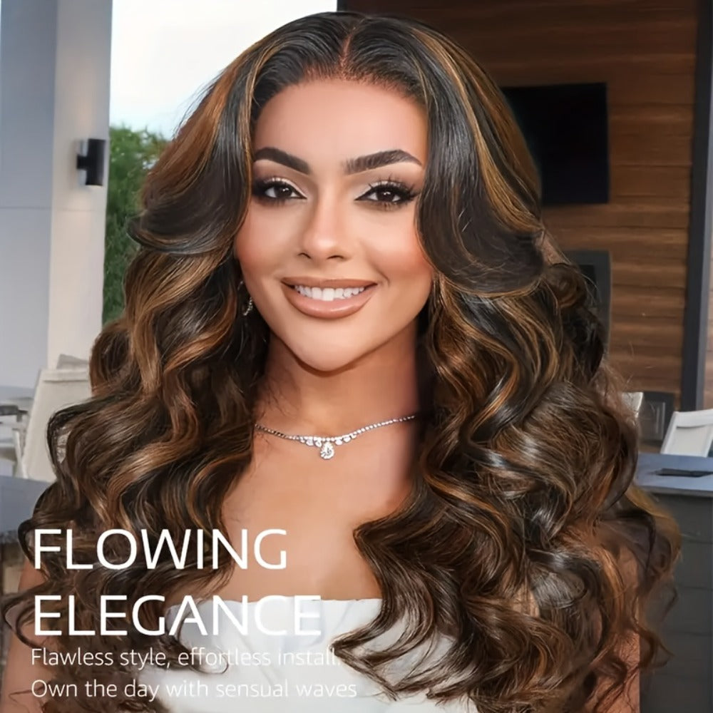 200% Density Lace Front Wig Human Hair Brown Highlights Long Wavy Pre-Plucked Glueless Heat, for Home, Travel and Salon Hair Styling