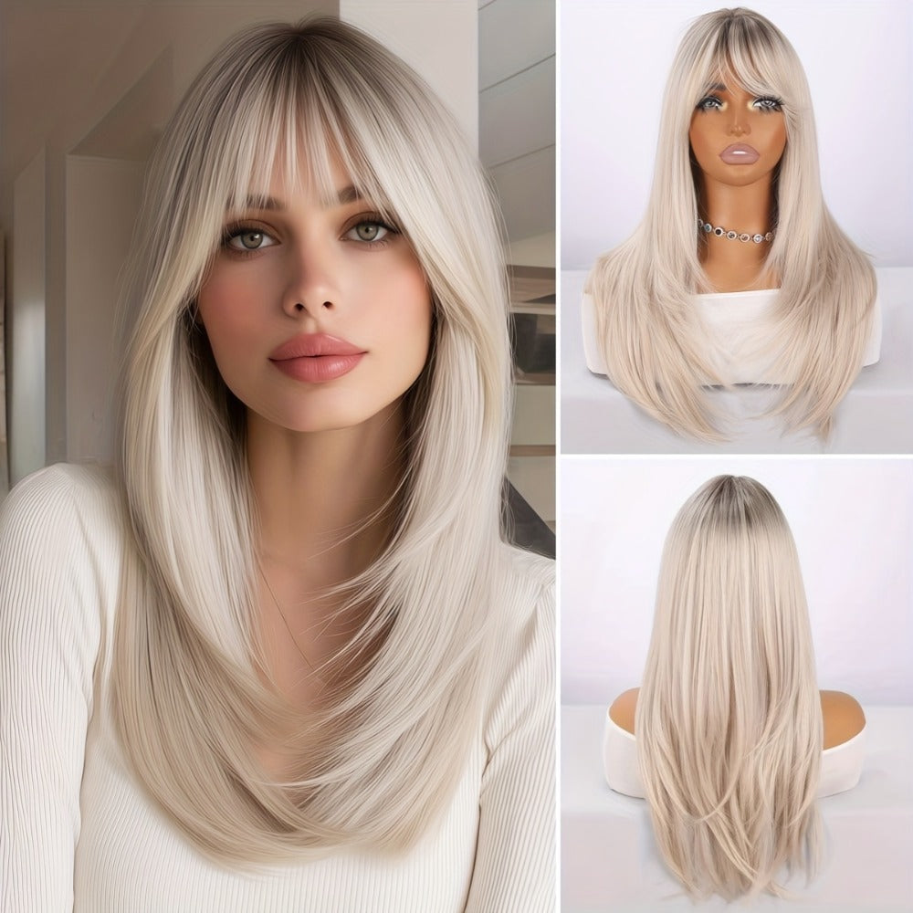 Synthetic Wig 26-Inch Milky White Ombre Straight Style with A-Line Bangs and Glue-Free Cap