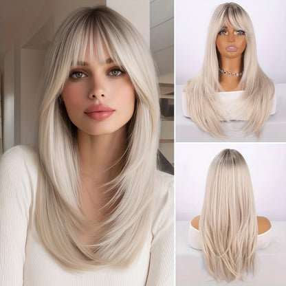 Synthetic Wig 26-Inch Milky White Ombre Straight Style with A-Line Bangs and Glue-Free Cap