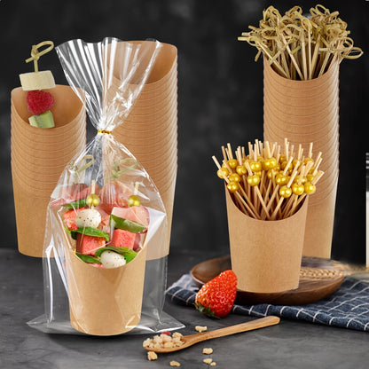 50-Set Kraft-Style Snack Cup Kit with 8-Ounce Cups, Clear Bags and Assorted Serving Picks for Parties