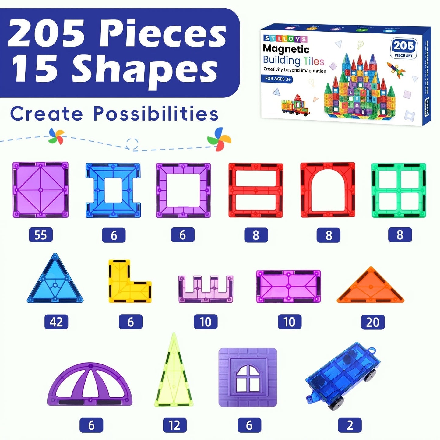 Magnetic Tiles Building Set for Kids 3 4 5 6 7 8 – 80 106 136 205pcs Clear 3D Magnet Building Blocks STEM Educational Toy Child-Safe ABS
