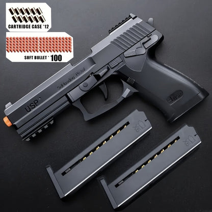 USP Clip Toy Gun Pistol with Continuous Shooting, 100 Bullets & 2 Magazines Rapid Fire Foam Blaster for Kids Boys Girls Ages 6+