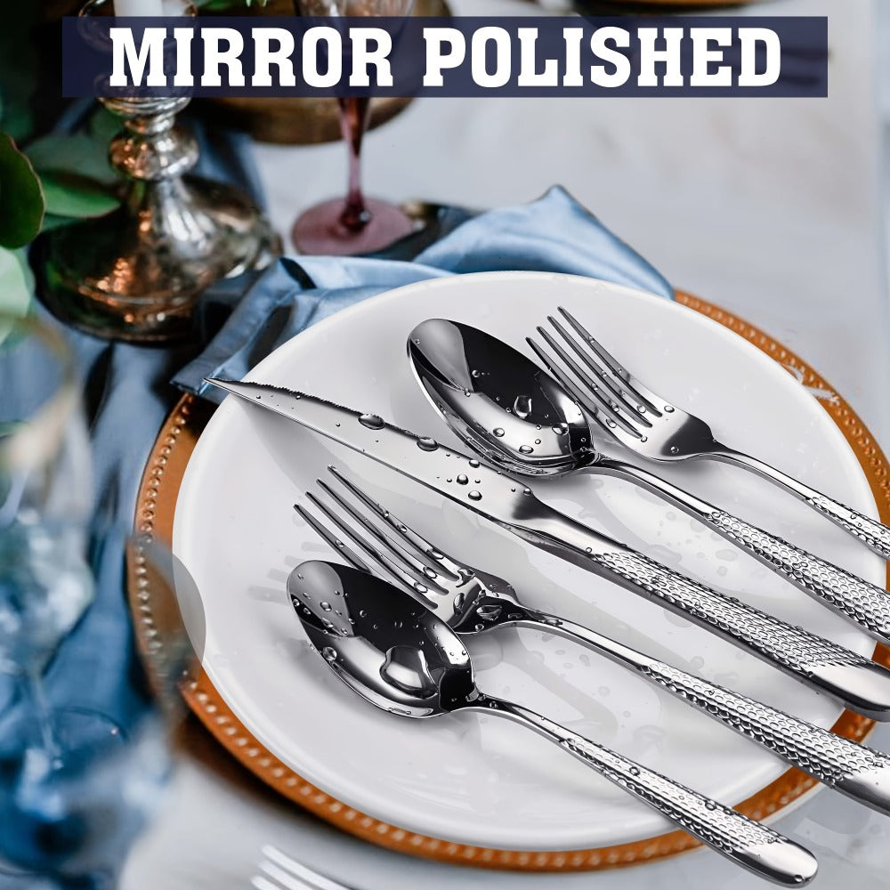 40- or 48-Piece Hammered-Handle Flatware Set in Rose Gold or Silver with Option-Specific Knives