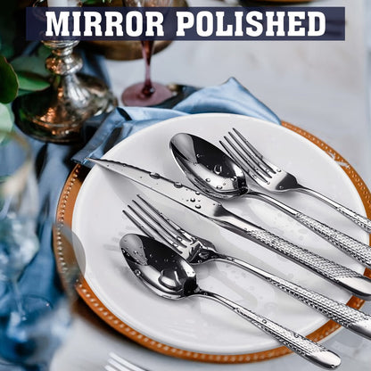 40- or 48-Piece Hammered-Handle Flatware Set in Rose Gold or Silver with Option-Specific Knives