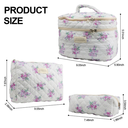 Quilted Floral Makeup Bag Set 3PCS Large Capacity Dual Layer Cotton Cosmetic Bags Coquette Aesthetic Travel Toiletry Organizer Gift
