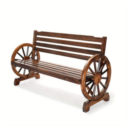Outdoor Wooden Wheel Bench 3-Person Wagon Slatted Seat Weatherproof Porch Garden