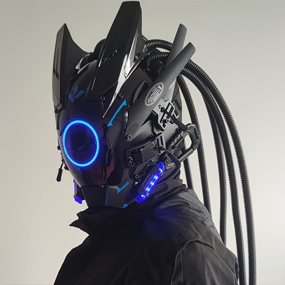 LED Cyberpunk Samurai Mask with Braids, Futuristic Sci-Fi Mechanical Face Mask for Halloween, Cosplay